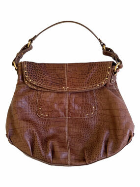 Maxx New York Brown Croc Embossed Hobo Purse Animal Print Lining Shoulder Bag